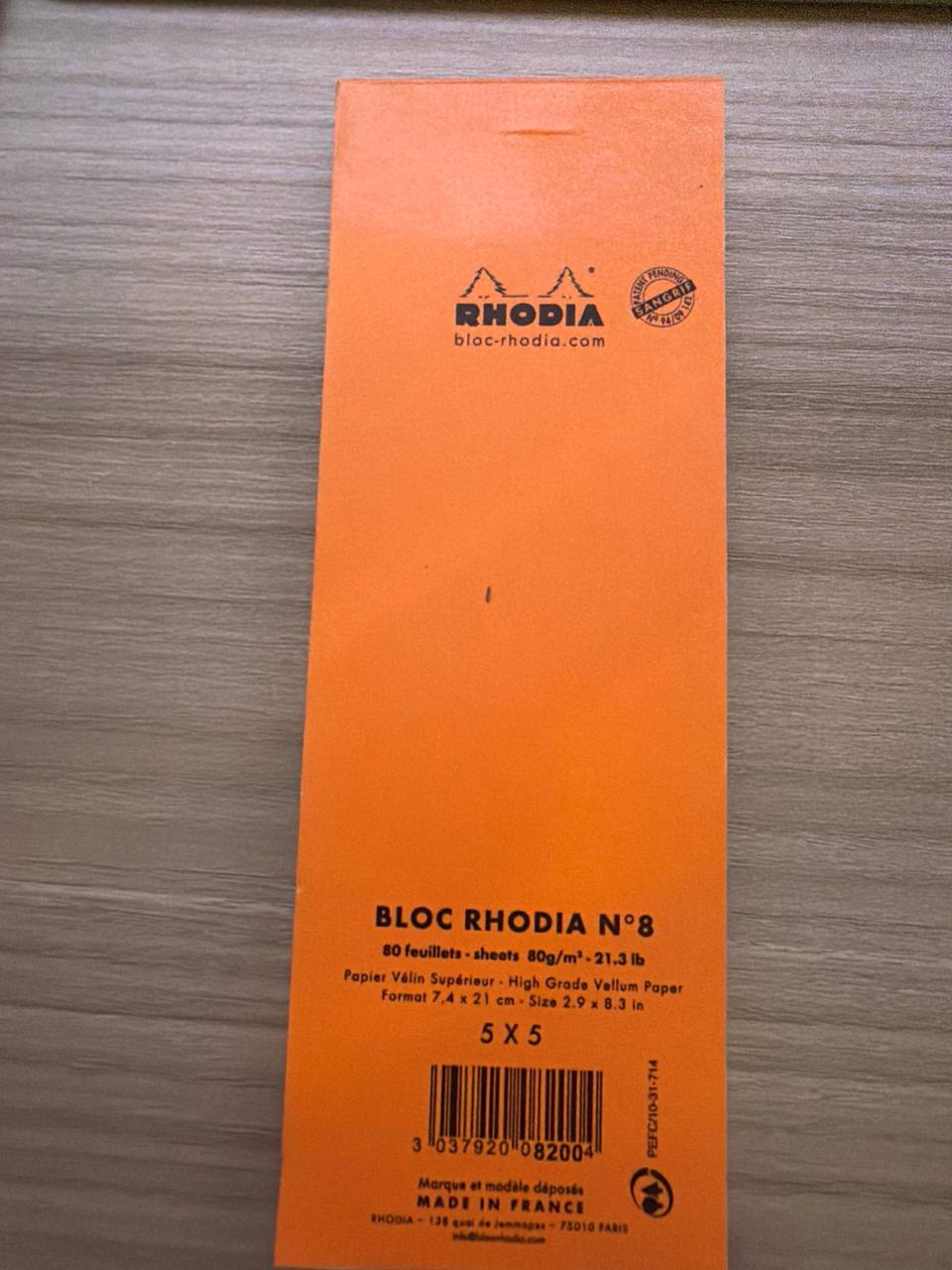 Bloc agrafé Rhodia N°8 - 7,4x21 cm 80 feuillets petits carreaux 5x5 80 g