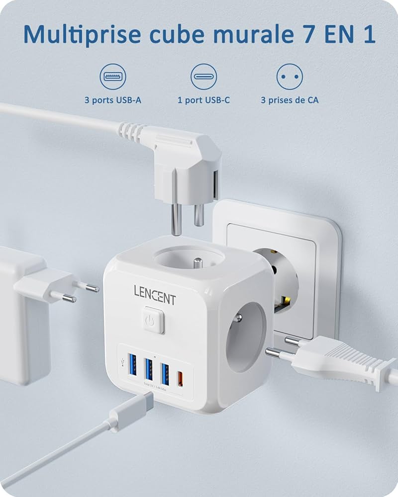 Multiprise chargeur mural LENCENT 7 en 1 PA043EUEU 3AC 3 USB-A 1 USB-C Blanc