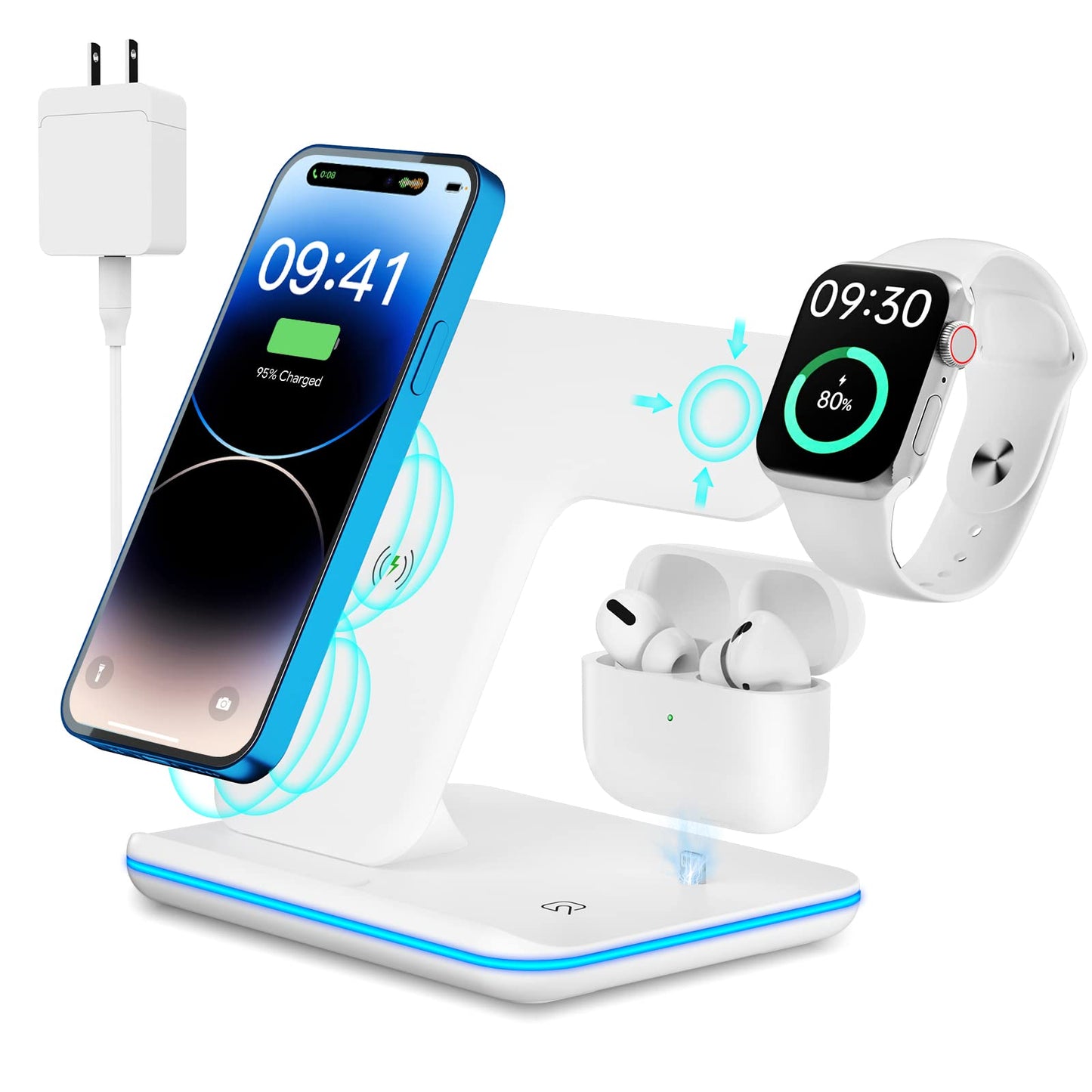 Socle chargeur magnétique Iphone Apple Watch Earpods WIRELESS CHARGE 15W PD Blanc