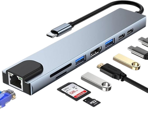 HUB USB C, Adaptateur USB C 8 en 1 avec HDMI 4K, Port USB C, USB 3.0, Ethernet RJ45, Lecteur de Carte SD/TF