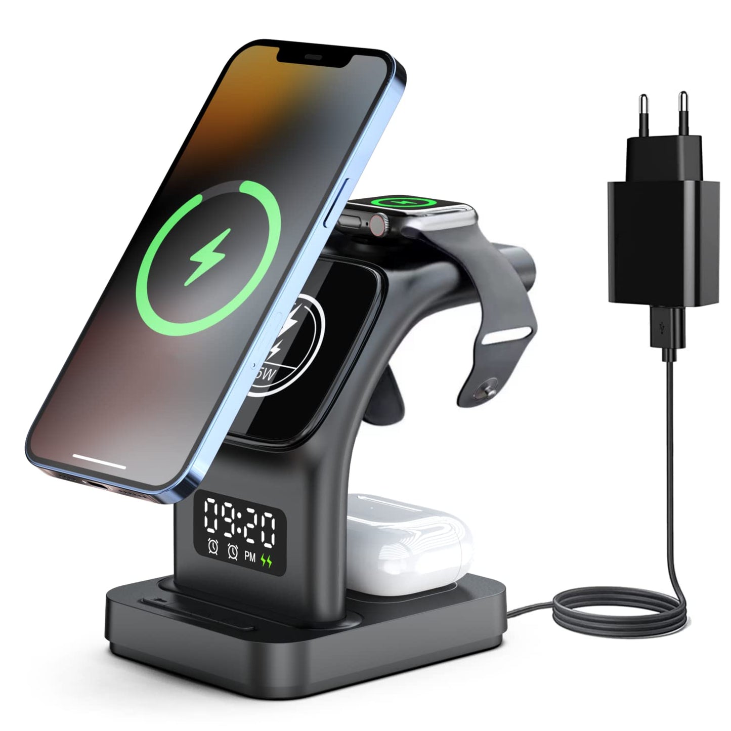 Chargeur rapide magnetique sans fil 5 en 1 pour Apple ou Samsung Noir