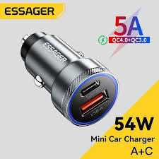 Chargeur Auto USB-C/USB-A 2.0 ESSAGER QC PD 54w 24v Noir