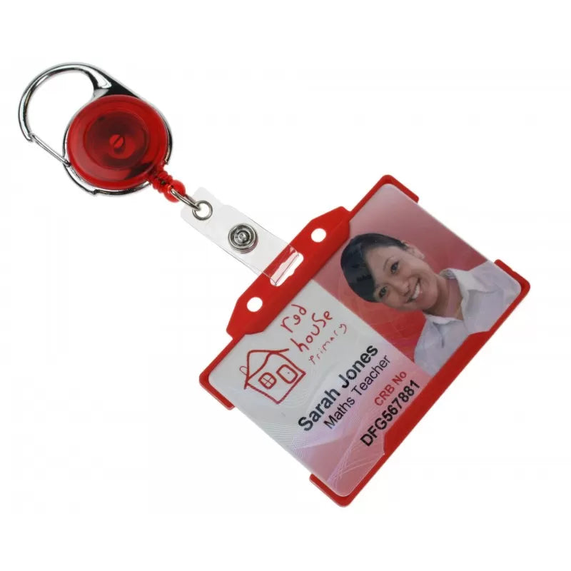 Enrouleur attache-badge avec accroche en métal et lanière en vinyle renforcée Rouge