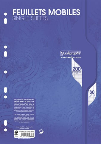 Feuilles mobiles perforées copies simple petit carreaux 200 pages 21x29.7cm