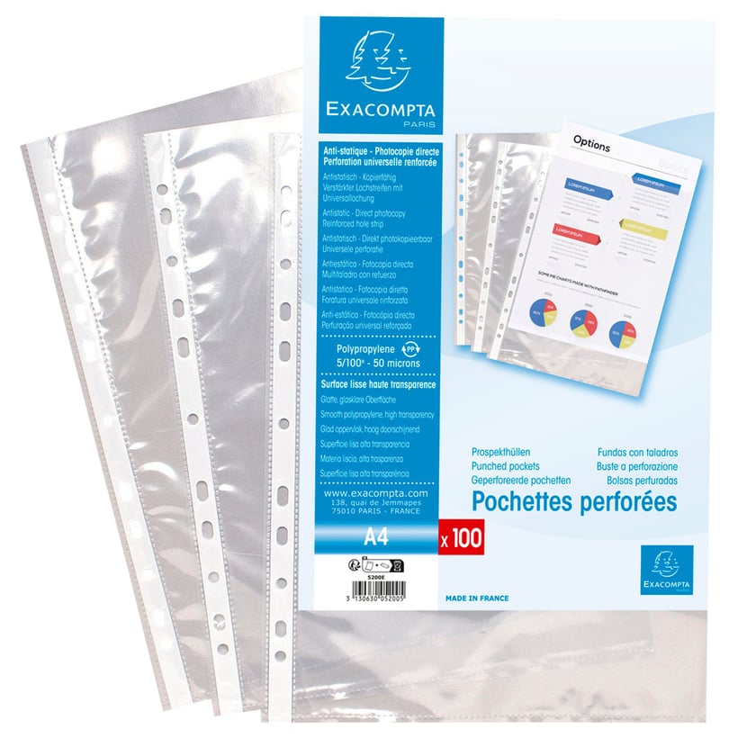 Pochettes perforées transparent A4 Exacompta 5000E ( x100 )