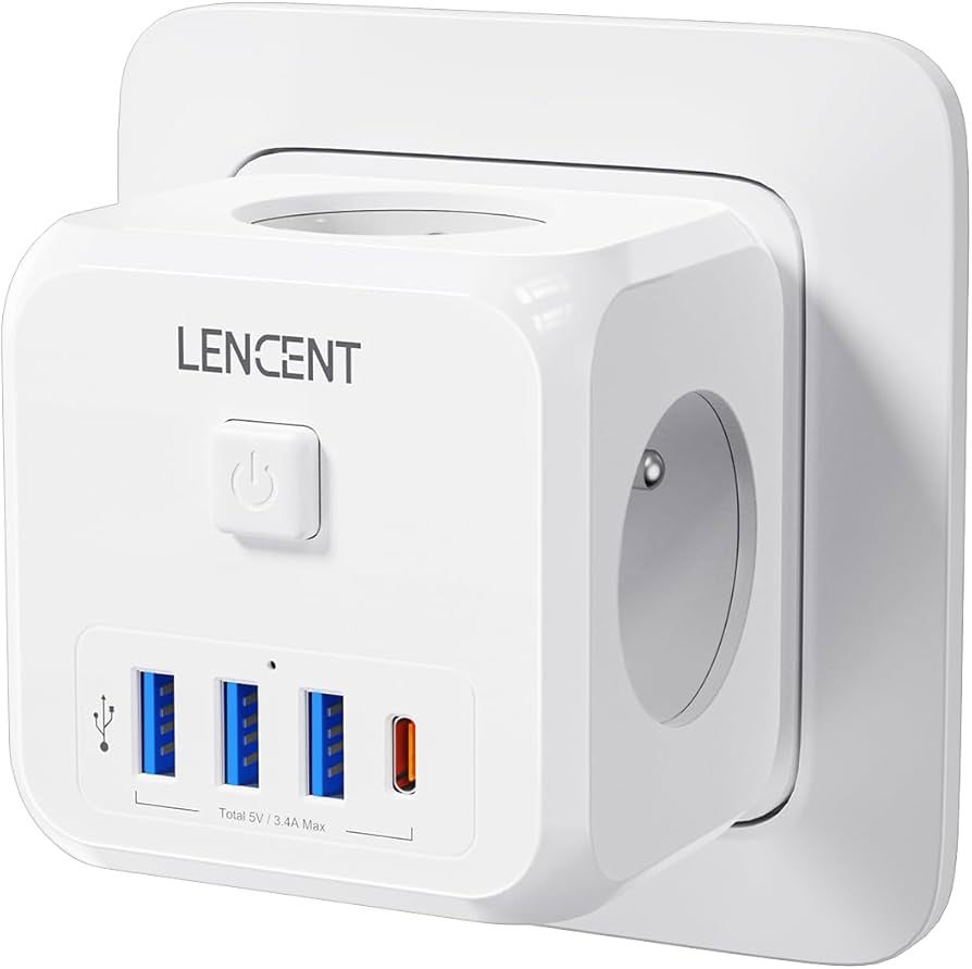 Multiprise chargeur mural LENCENT 7 en 1 PA043EUEU 3AC 3 USB-A 1 USB-C Blanc