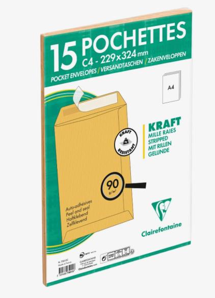 Pochettes Kraft A4 CLAIREFONTAINE 75015C mille raies brun auto-adhésives C4 / 229x324 mm - 90 g/m² (x15)