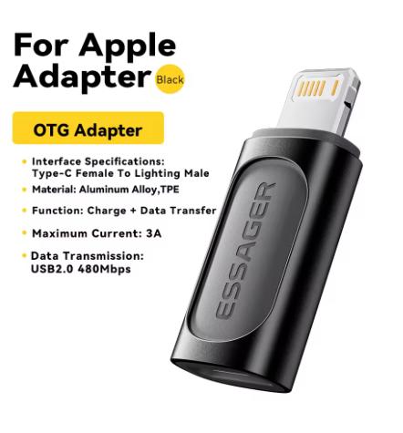 Adaptateur USB-C femele vers Lightning male Essager PD 20W – Charge Rapide & Synchronisation OTG pour iPhone