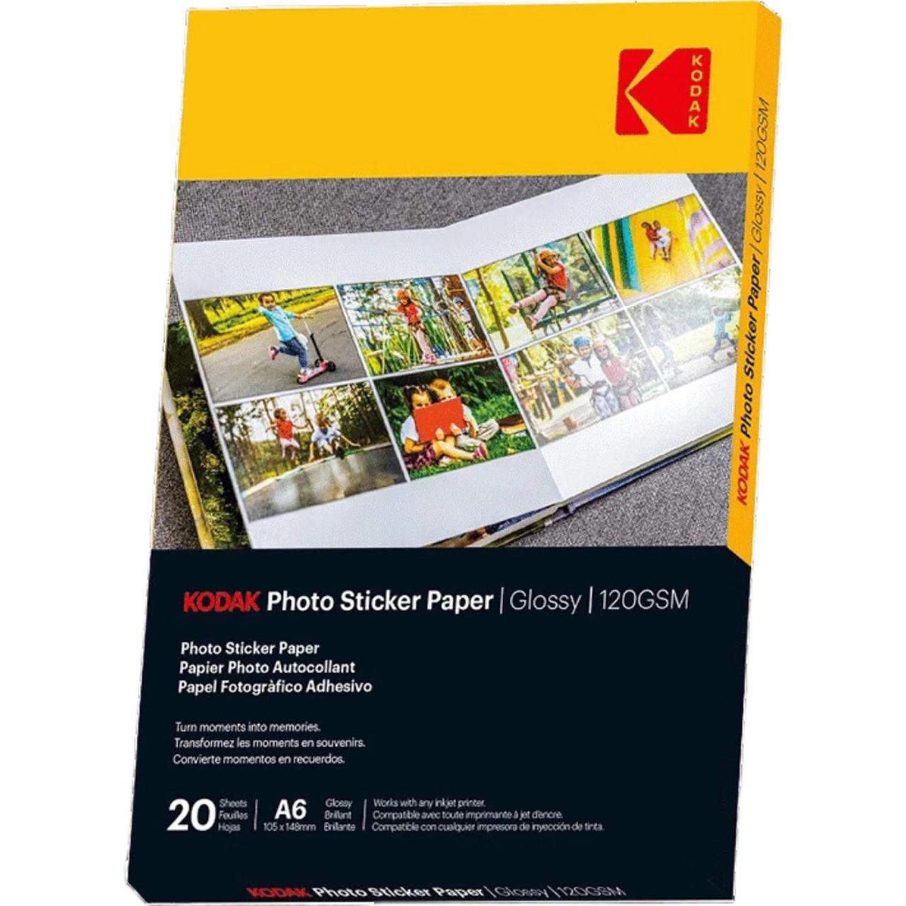 Papier photo Kodak Feuilles photo autocollantes, 20 feuilles, finition brillante, 120 g/m², 105x 148 mm A6