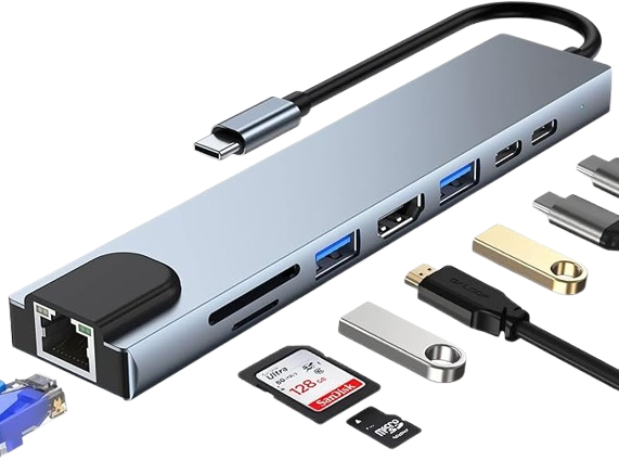HUB USB C, Adaptateur USB C 8 en 1 avec HDMI 4K,  Port USB C, USB 3.0, Ethernet RJ45, Lecteur de Carte SD/TF