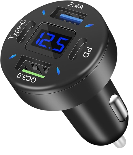Chargeur auto C41784-P C8-1 66W 3xUSB PD QC3.0 1xUSB-C ecran digital LED Noir
