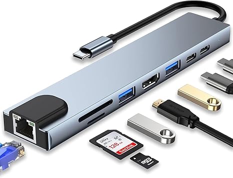 Hub USB 8 en 1Type-C vers HDMI/RJ45/SD/USB/USB type-C Gris