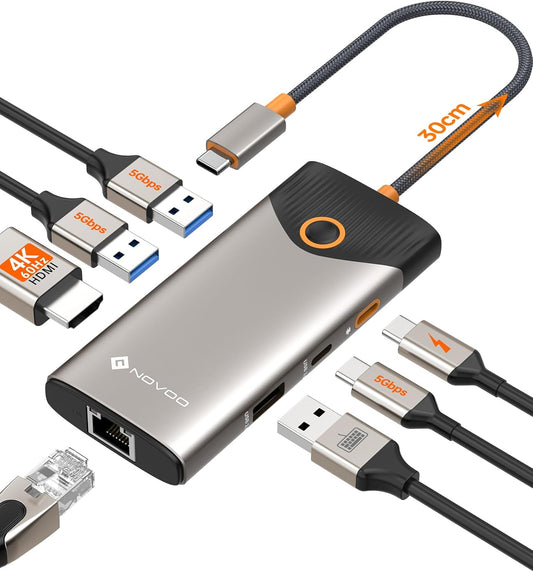 Hub USB-C T7 en 1 NOVOO Ethernet Gigabit HDMI 4K 60Hz Carte SD TF PD 100W