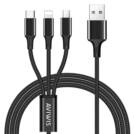 Cable multi-USB 3 en 1 AVIWIS Micro USB, USB type-c, lihgtning tressé 1.2m noir