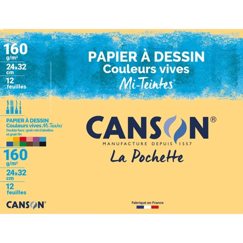 Papier a dessin Canson couleurs vives mi- teintes 12 feuilles a grain 24x32  160g