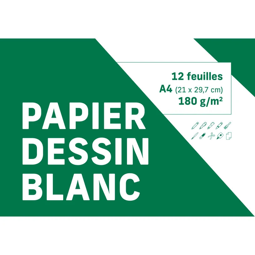 Pochette de papier dessin blanc 21 x 29,7 cm — 12 feuilles 180 g