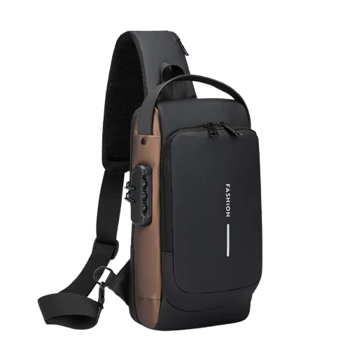 Sac de poitrine FASHION fermeture à code/recharge USB 32×16×6cm Marron/Noir