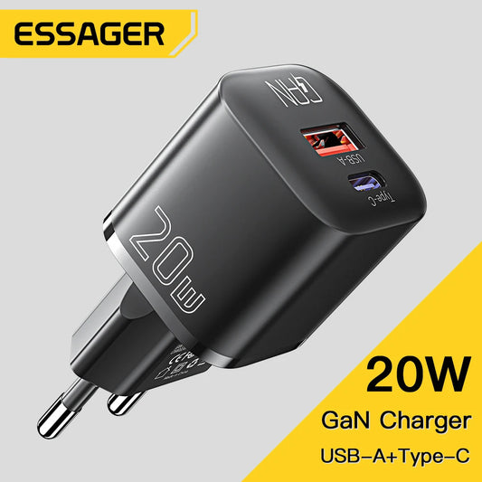 Chargeur USB 20w ESSAGER USB/USB-C GAN ECTAC-HMB01-P 220v Noir