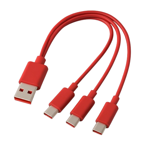 Cable de recharge piles batons AA/AAA 1xUSB-A vers 4xUSB-C rouge