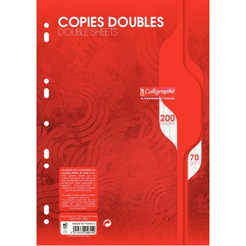 Feuilles mobiles perforées copies doubles petit carreaux 200 pages 21x29.7cm 70g
