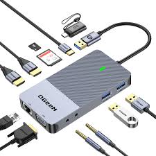 Hub USB-C QGeeM HUB012 2xHDMI/VGA/RJ45/4xUSB/2xUSB-C/Cartes SD Gris