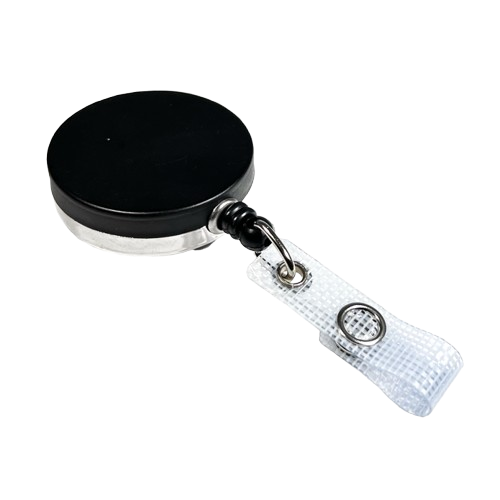Enrouleur attache-badge avec accroche en métal et lanière en vinyle renforcée noir