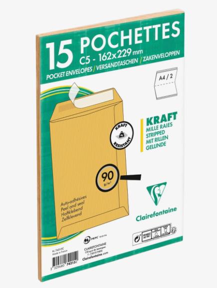 Pochettes A5 CLAIREFONTAINE 74215C auto-adhésives Kraft milleraies 90g/m² C5 -162 x 229 mm (x15)