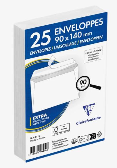 Enveloppes CLAIREFONTAINE 9811C 90x140 mm auto-adhésives 90 g/m² - Blanc (x25)